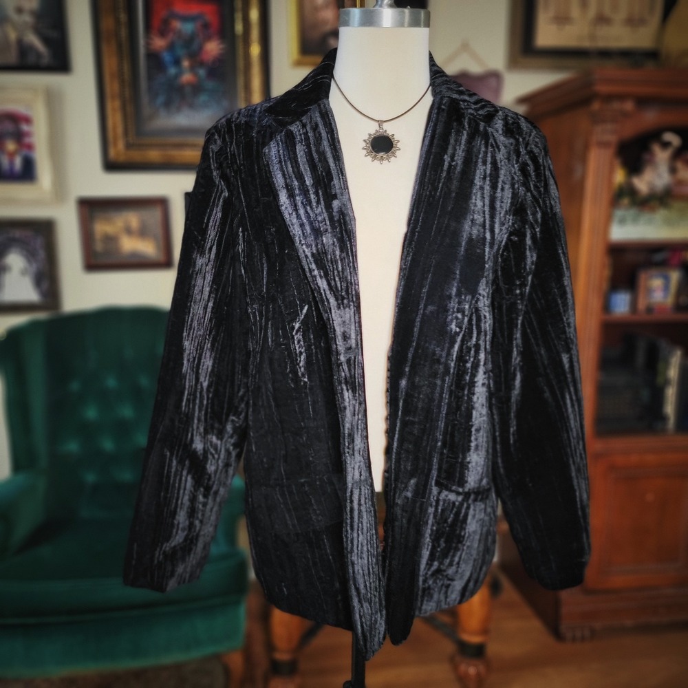 Mandarin Blue Women Blazer Black Crushed Velvet Blazer Jacket XL Goth Whimsigoth